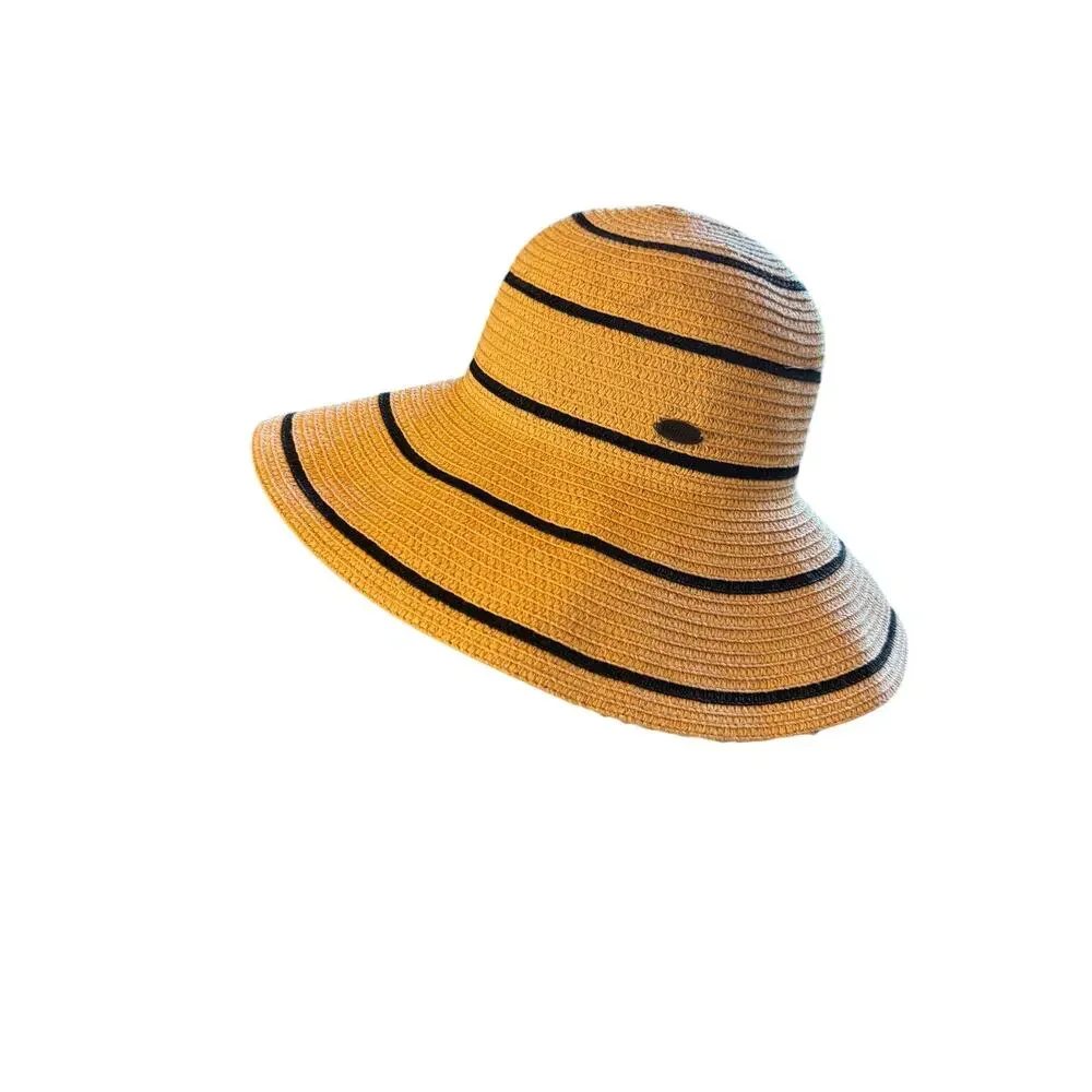 Wallaroo Wide Brim Sun Hat Straw Paper Braid Black Stripe Packable Beach Hat